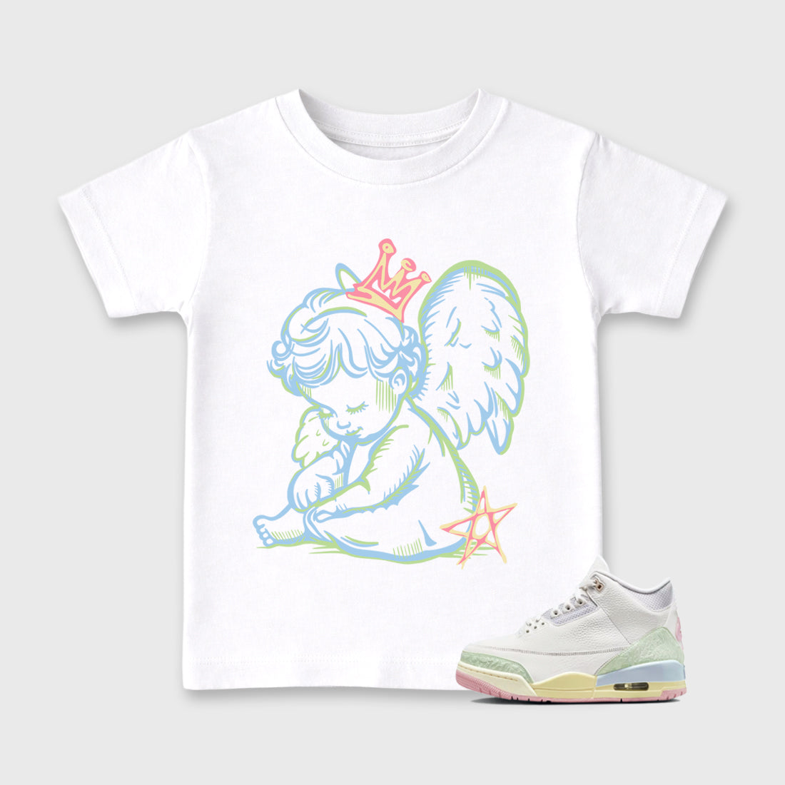Sneaker match tees – Sneaker Tees To Match Air Jordan 3 Jade Aura Shoes – Neon Angel Kids T-Shirt White 1