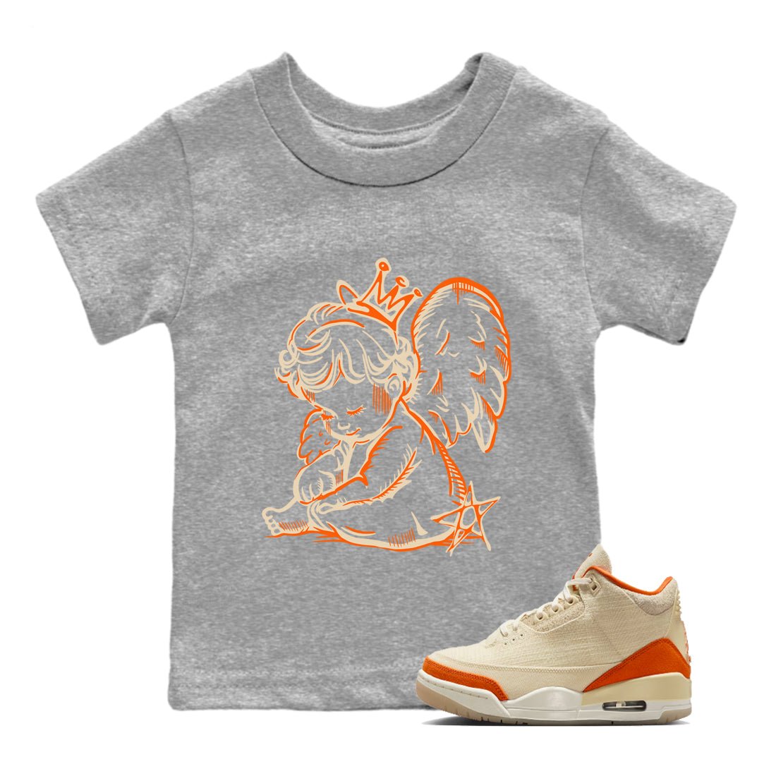 Neon Angel baby and kids t-shirt crafted for little sneakerheads to shine with the Air Jordan 3 Starfish sneakers, displayed in Heather Grey 1.