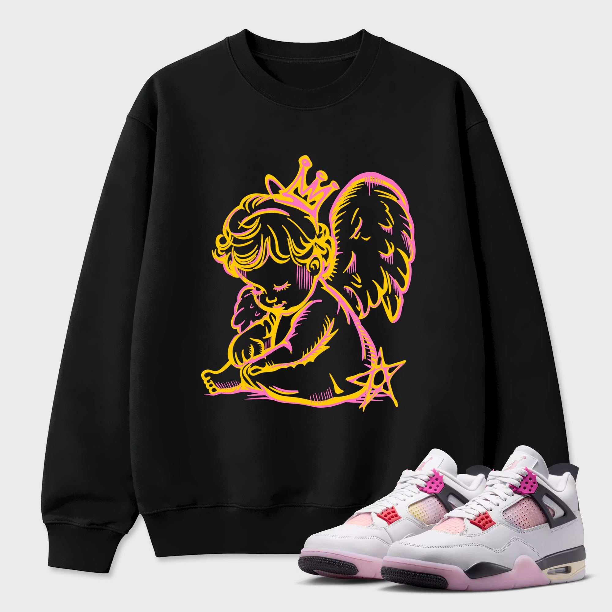 Neon Angel Graphic T-Shirt featuring original streetwear artwork designed to match the Air Jordan 4 Comic. Black 1 Graphic Tee.