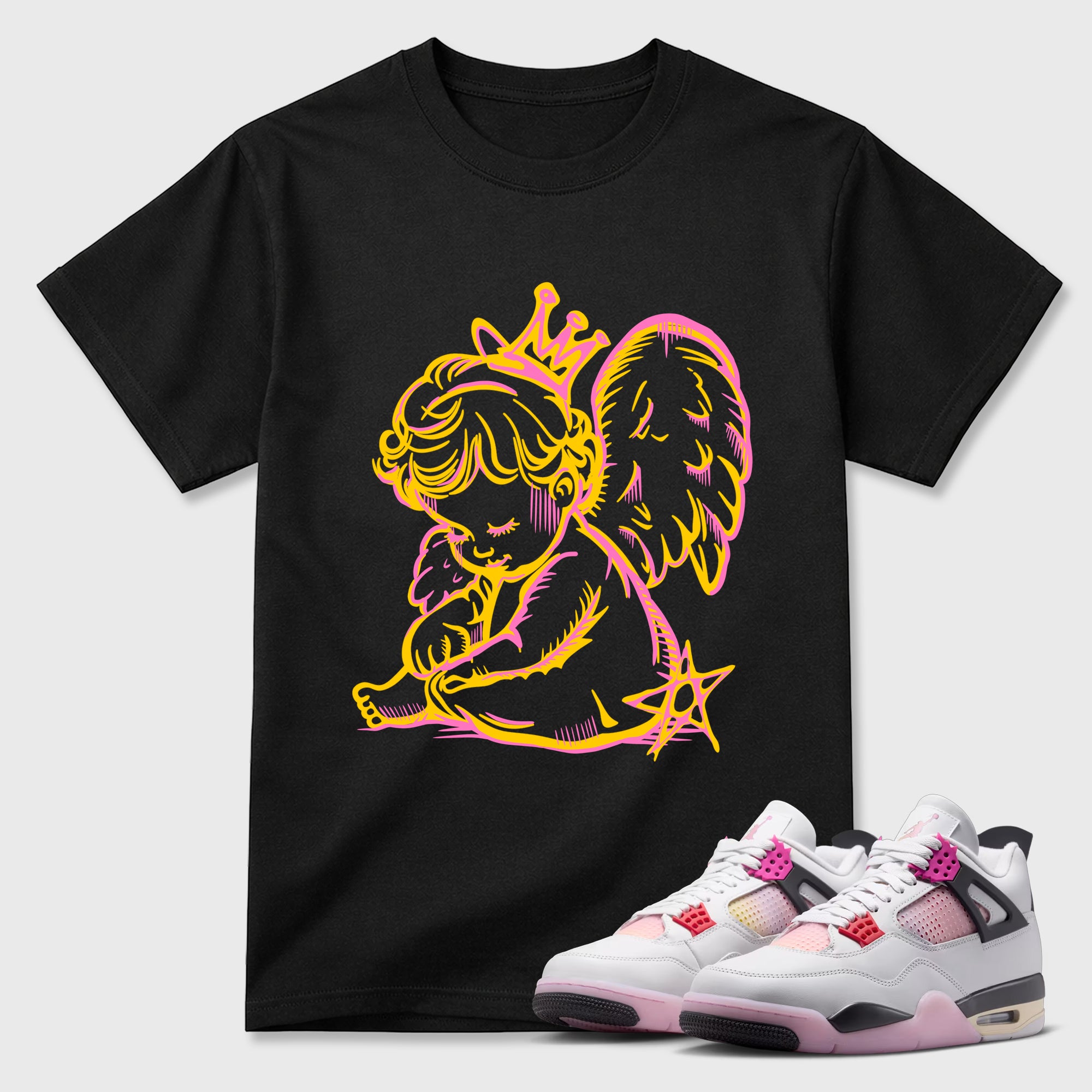 Neon Angel Graphic T-Shirt featuring original streetwear artwork designed to match the Air Jordan 4 Comic. Black 1 Graphic T-Shirt.