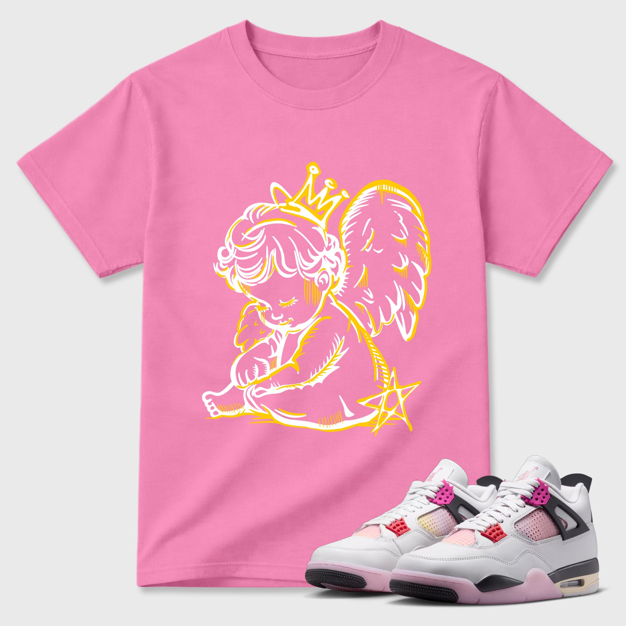 Neon Angel Graphic T-Shirt featuring original streetwear artwork designed to match the Air Jordan 4 Comic. Bubble Gum 1 Graphic T-Shirt.