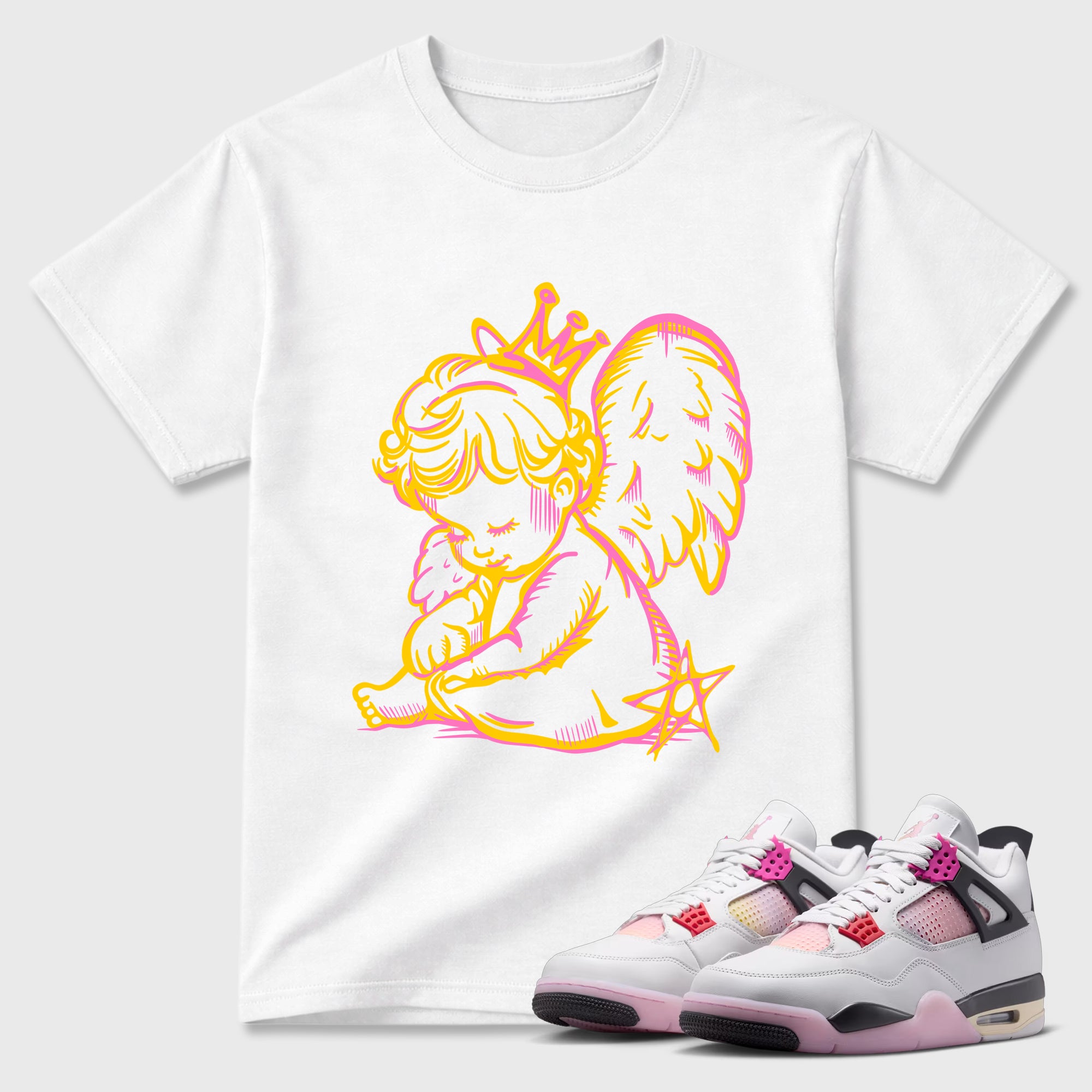 Neon Angel Graphic T-Shirt featuring original streetwear artwork designed to match the Air Jordan 4 Comic. White 1 Graphic T-Shirt.