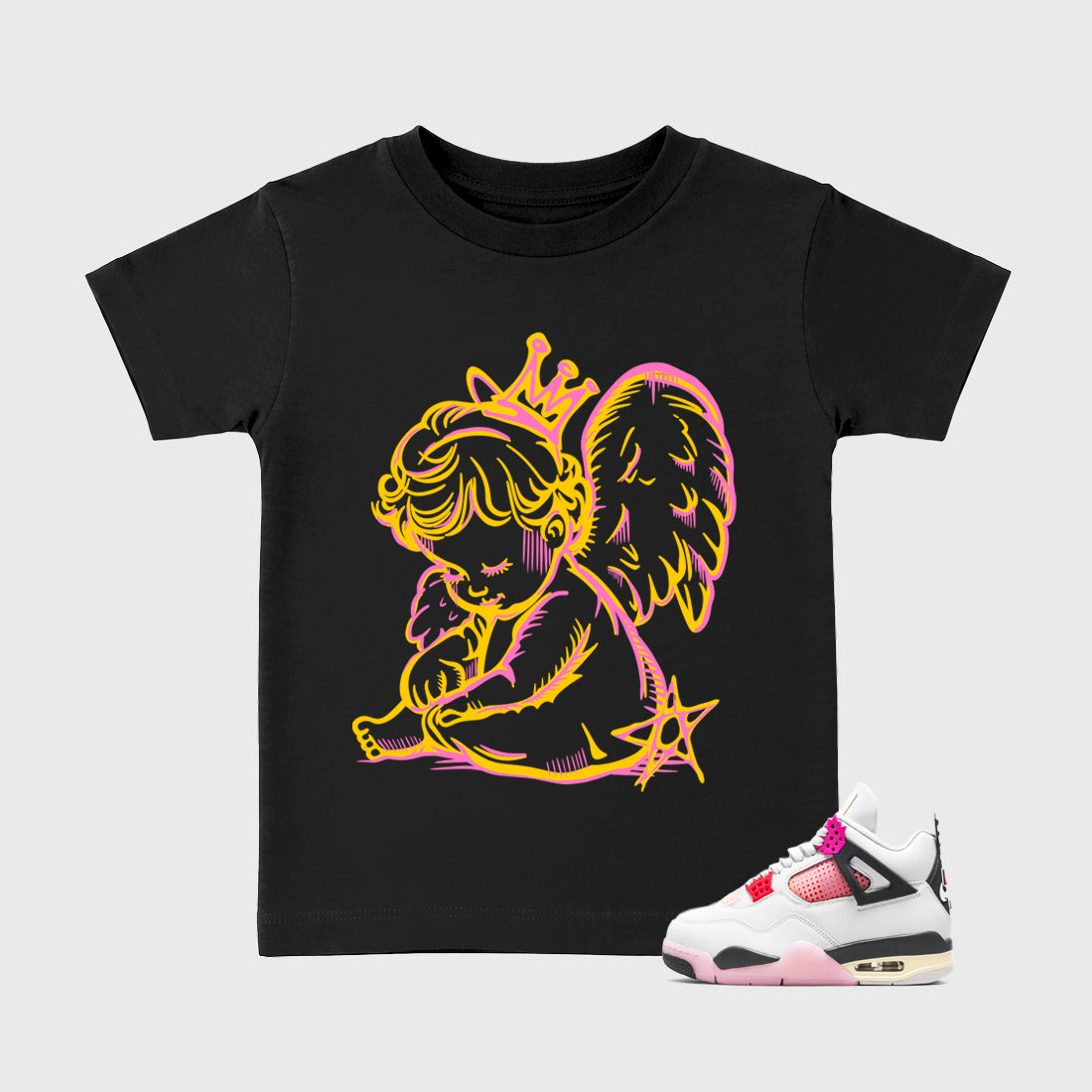 Neon Angel Baby & Kids Graphic T-Shirt featuring original artwork designed to match the Air Jordan 4 Comic. Black 1 Kids Graphic Tee.