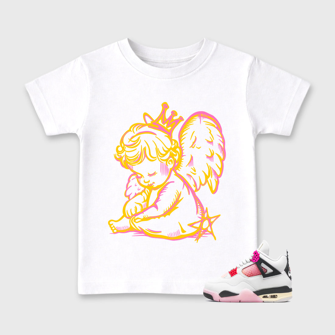 Neon Angel Baby & Kids Graphic T-Shirt featuring original artwork designed to match the Air Jordan 4 Comic. White 1 Kids Graphic Tee.