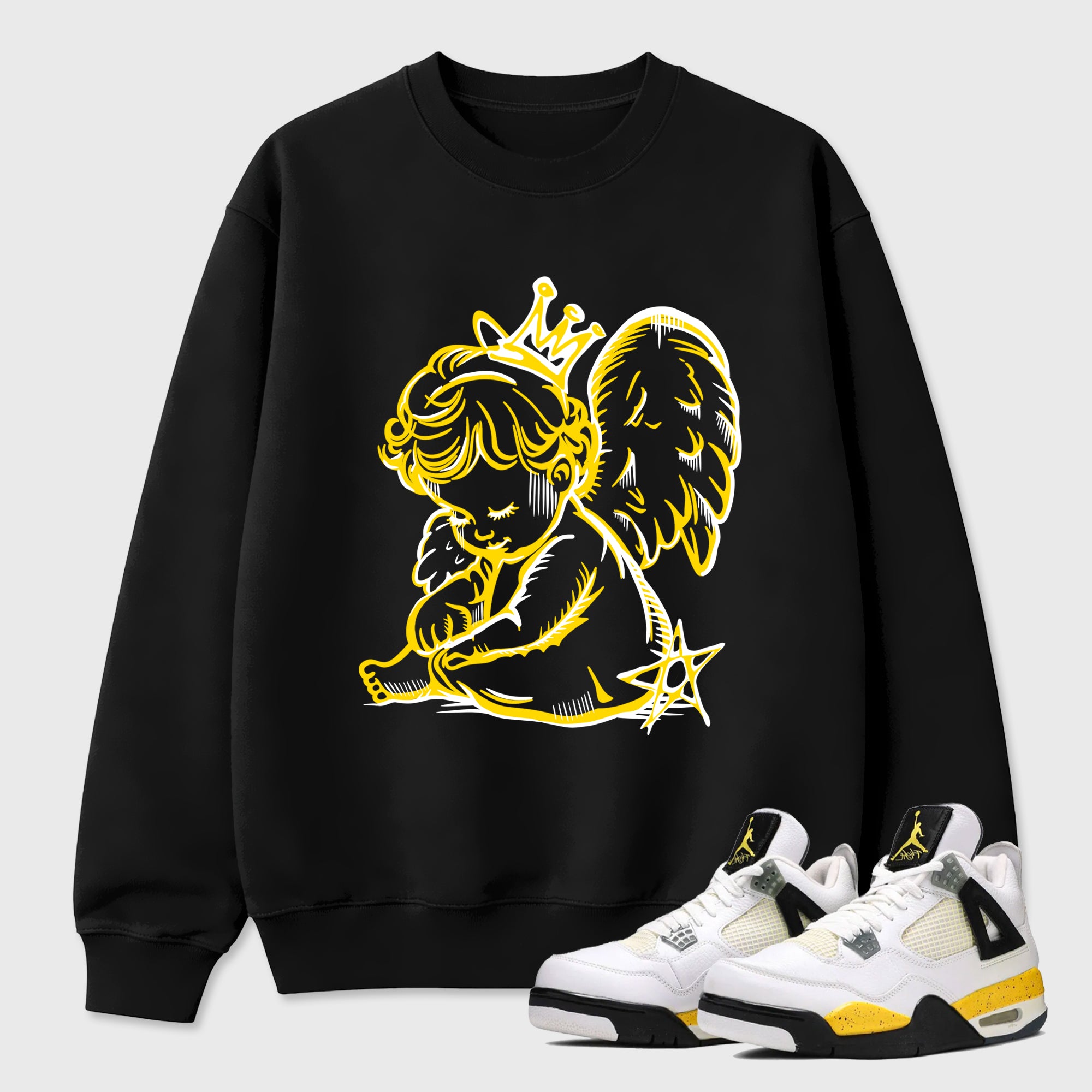 Neon Angel Graphic T-Shirt featuring original streetwear artwork designed to match the Air Jordan 4 Tour Yellow. Black 1 Graphic Tee.