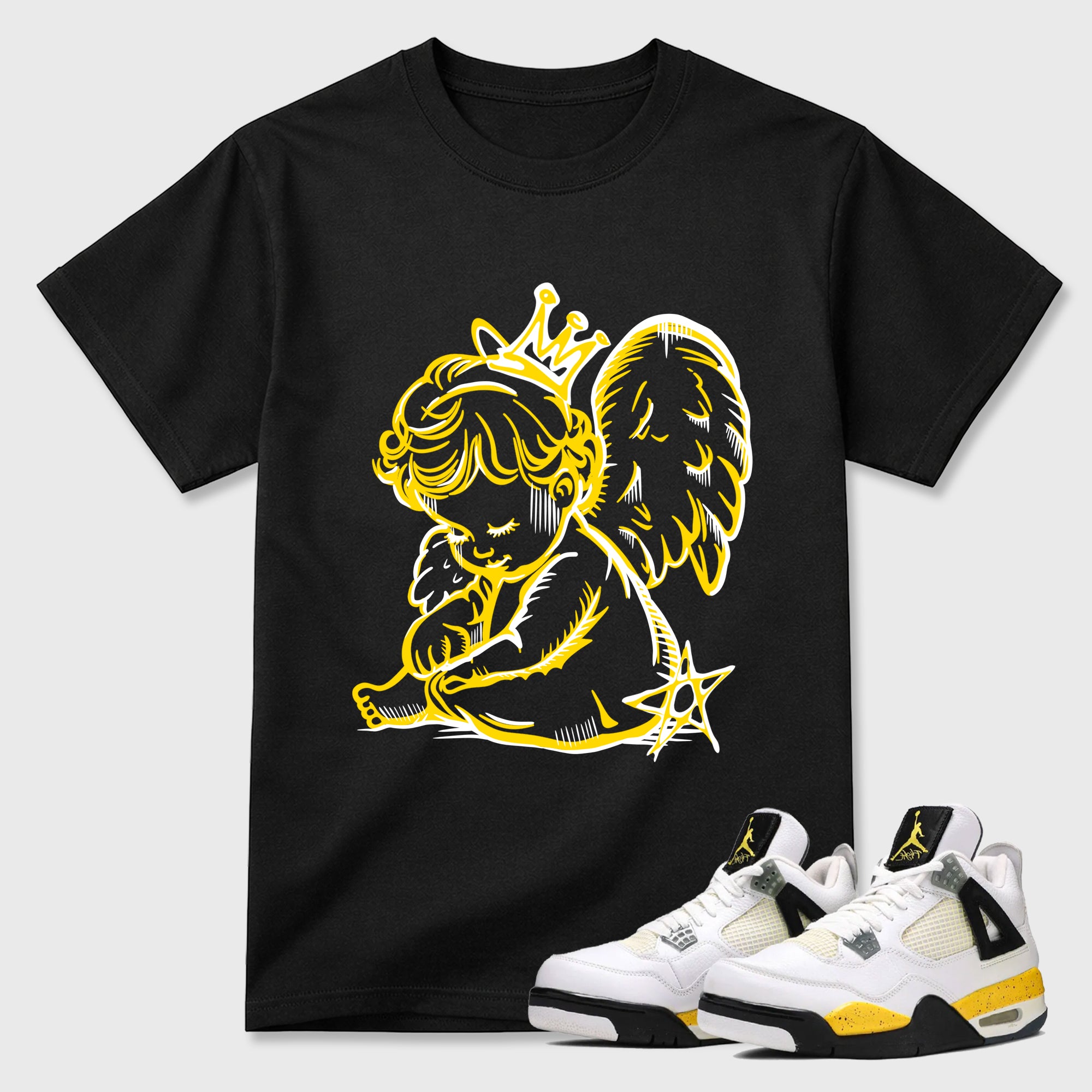 Neon Angel Graphic T-Shirt featuring original streetwear artwork designed to match the Air Jordan 4 Tour Yellow. Black 1 Graphic T-Shirt.