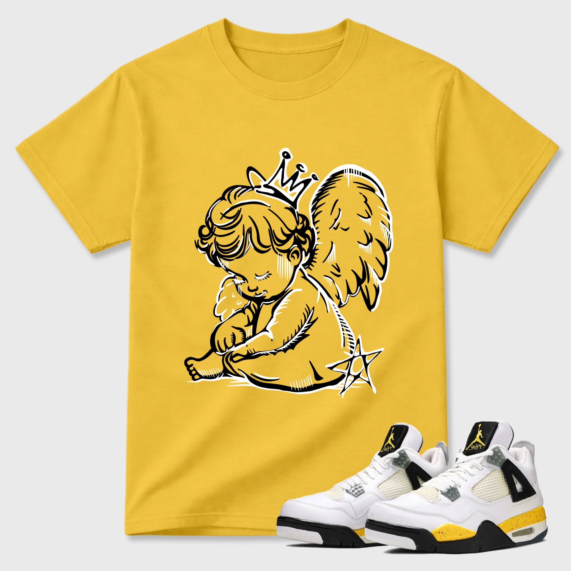 Neon Angel Graphic T-Shirt featuring original streetwear artwork designed to match the Air Jordan 4 Tour Yellow. Daisy 1 Graphic T-Shirt.