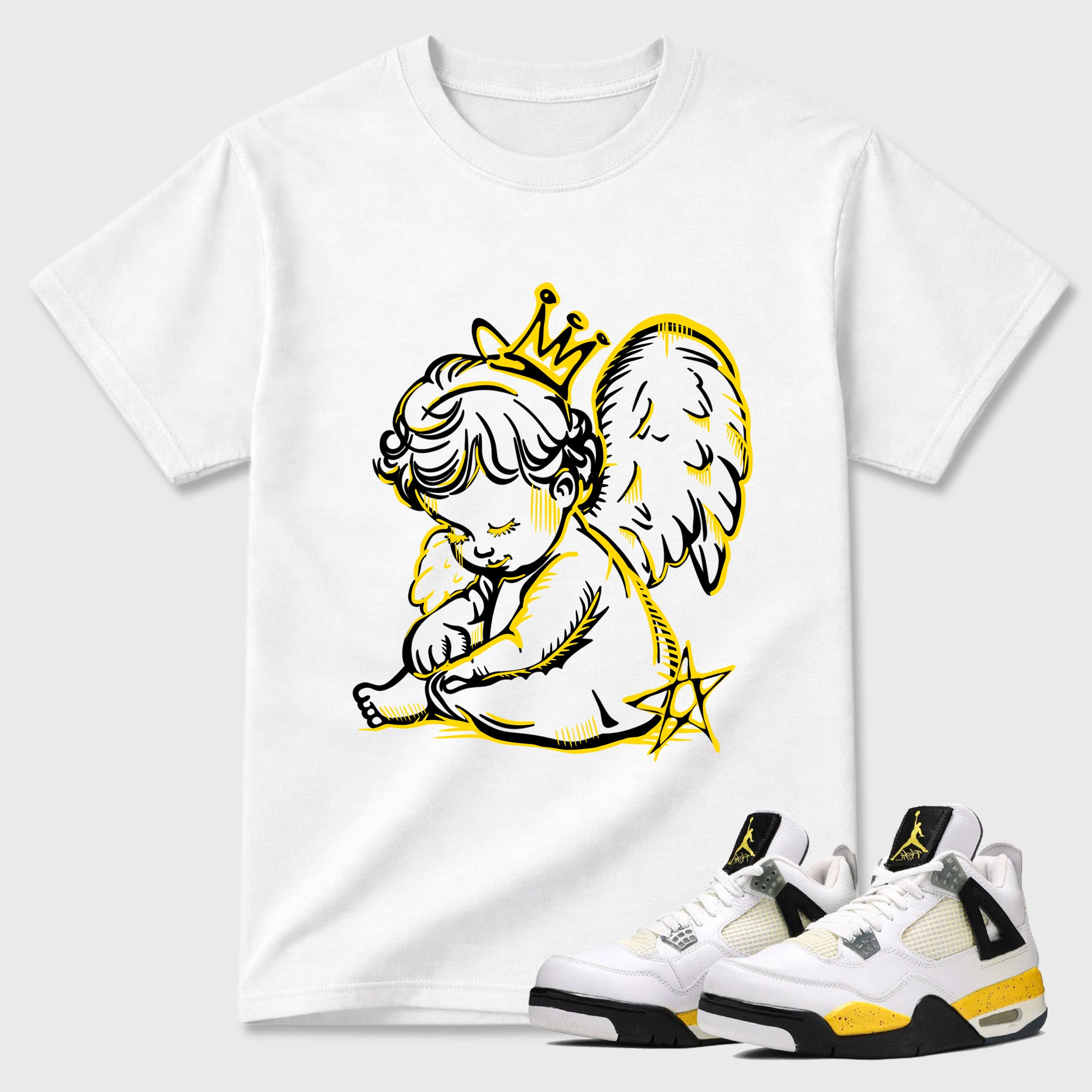 Neon Angel Graphic T-Shirt featuring original streetwear artwork designed to match the Air Jordan 4 Tour Yellow. White 1 Graphic T-Shirt.