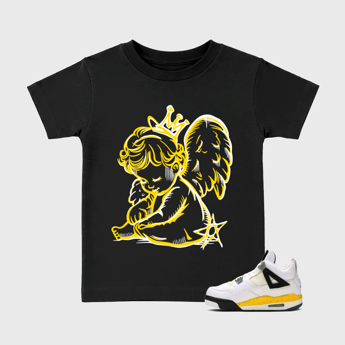 Neon Angel Baby & Kids Graphic T-Shirt featuring original artwork designed to match the Air Jordan 4 Tour Yellow. Black 1 Kids Graphic Tee.