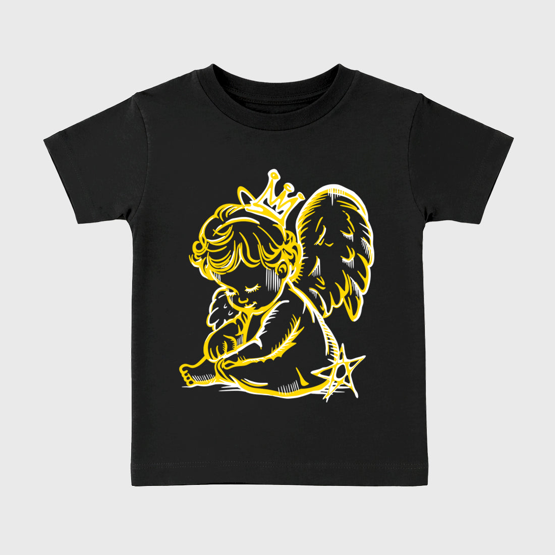 Neon Angel Baby & Kids Graphic T-Shirt featuring original artwork designed to match the Air Jordan 4 Tour Yellow. Black 2 Kids Graphic Tee.