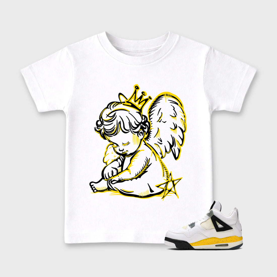 Neon Angel Baby & Kids Graphic T-Shirt featuring original artwork designed to match the Air Jordan 4 Tour Yellow. White 1 Kids Graphic Tee.