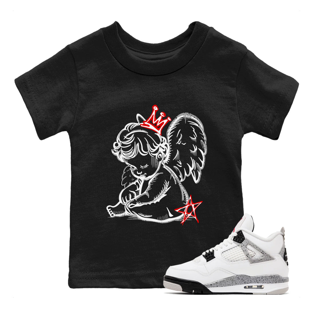 Neon Angel baby and kids t-shirt crafted for little sneakerheads to shine with the Air Jordan 4 White Cement sneakers, displayed in Black 1.