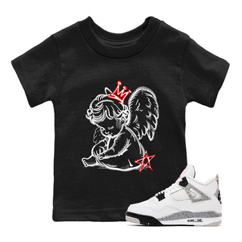 Neon Angel baby and kids t-shirt crafted for little sneakerheads to shine with the Air Jordan 4 White Cement sneakers, displayed in Black 1.