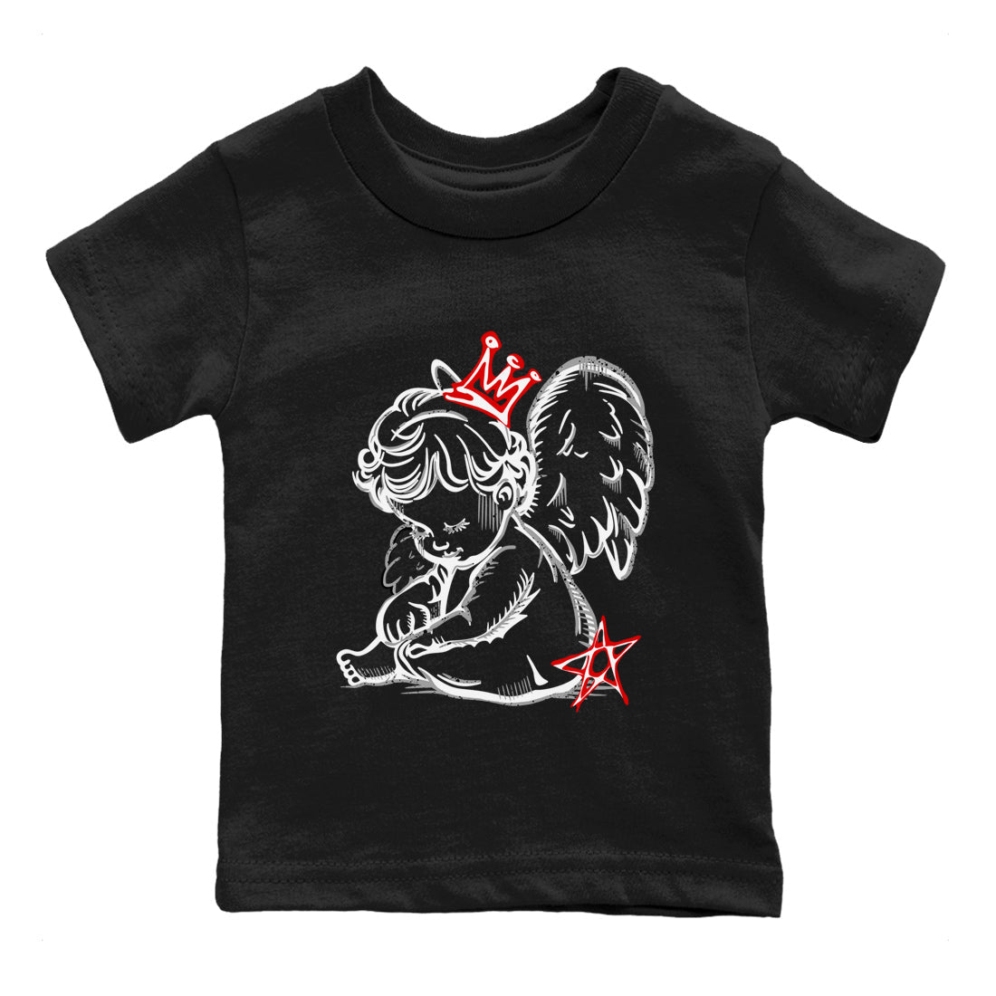 Neon Angel baby and kids t-shirt crafted for little sneakerheads to shine with the Air Jordan 4 White Cement sneakers, displayed in Black 2.
