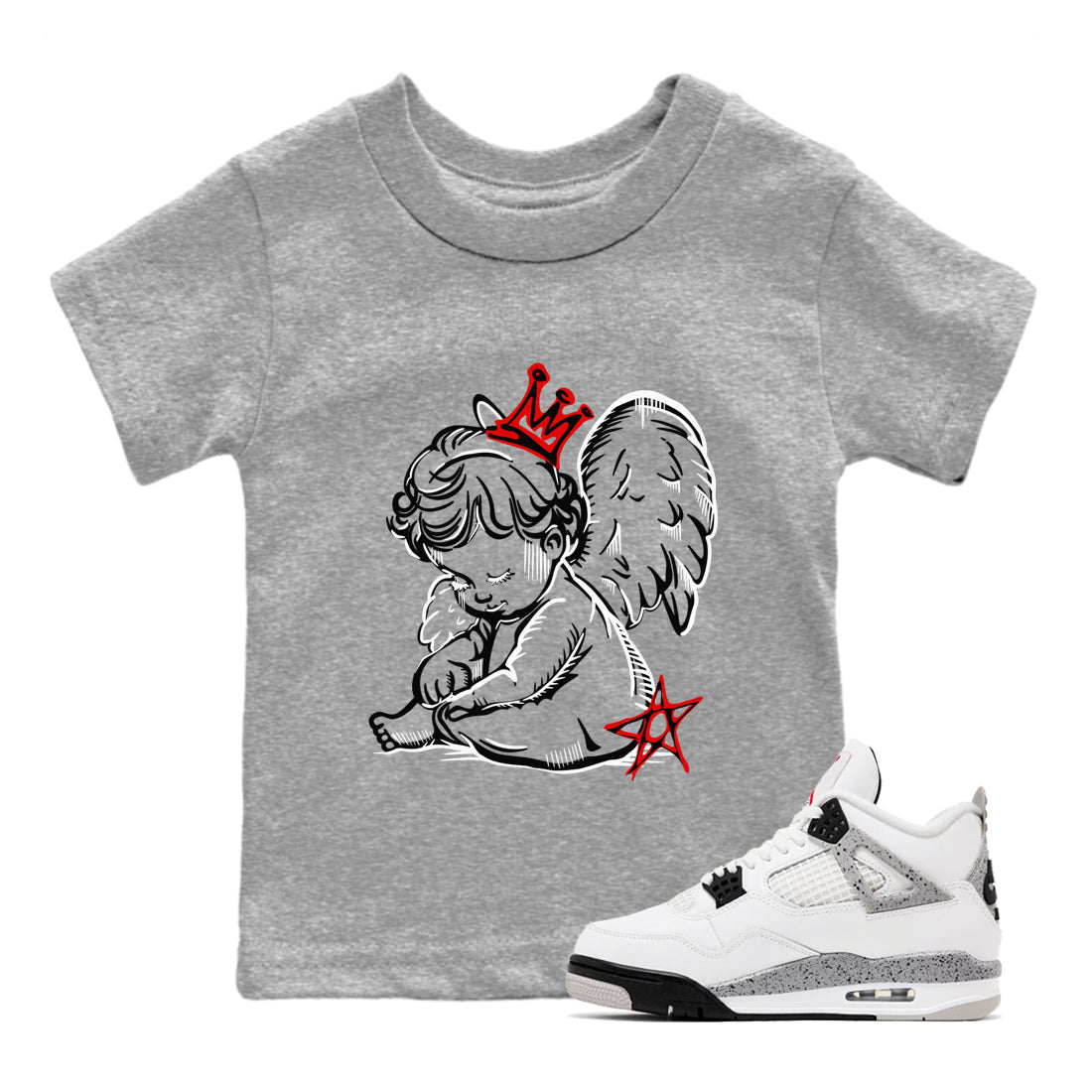 Neon Angel baby and kids t-shirt crafted for little sneakerheads to shine with the Air Jordan 4 White Cement sneakers, displayed in Heather Grey 1.