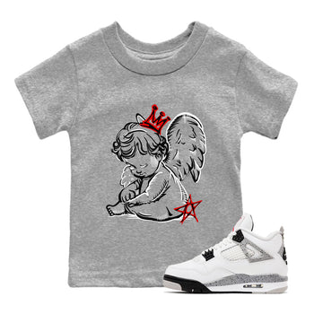 Neon Angel baby and kids t-shirt crafted for little sneakerheads to shine with the Air Jordan 4 White Cement sneakers, displayed in Heather Grey 1.