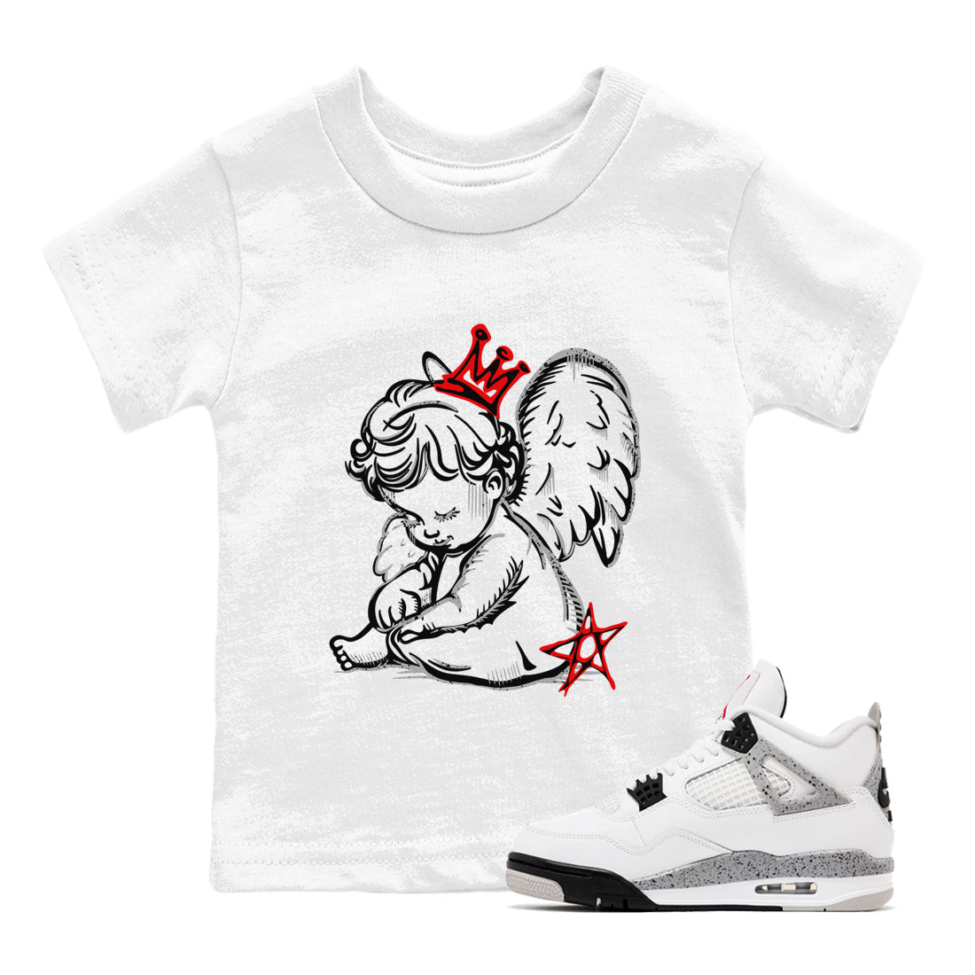 Neon Angel baby and kids t-shirt crafted for little sneakerheads to shine with the Air Jordan 4 White Cement sneakers, displayed in White 1.