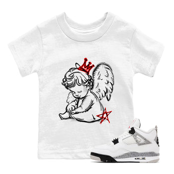 Neon Angel baby and kids t-shirt crafted for little sneakerheads to shine with the Air Jordan 4 White Cement sneakers, displayed in White 1.