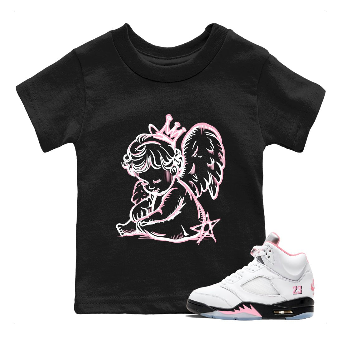 Sneaker match tees – Sneaker Tees To Match Air Jordan 5 35th Anniversary Shoes – Neon Angel Kids T-Shirt Black 1