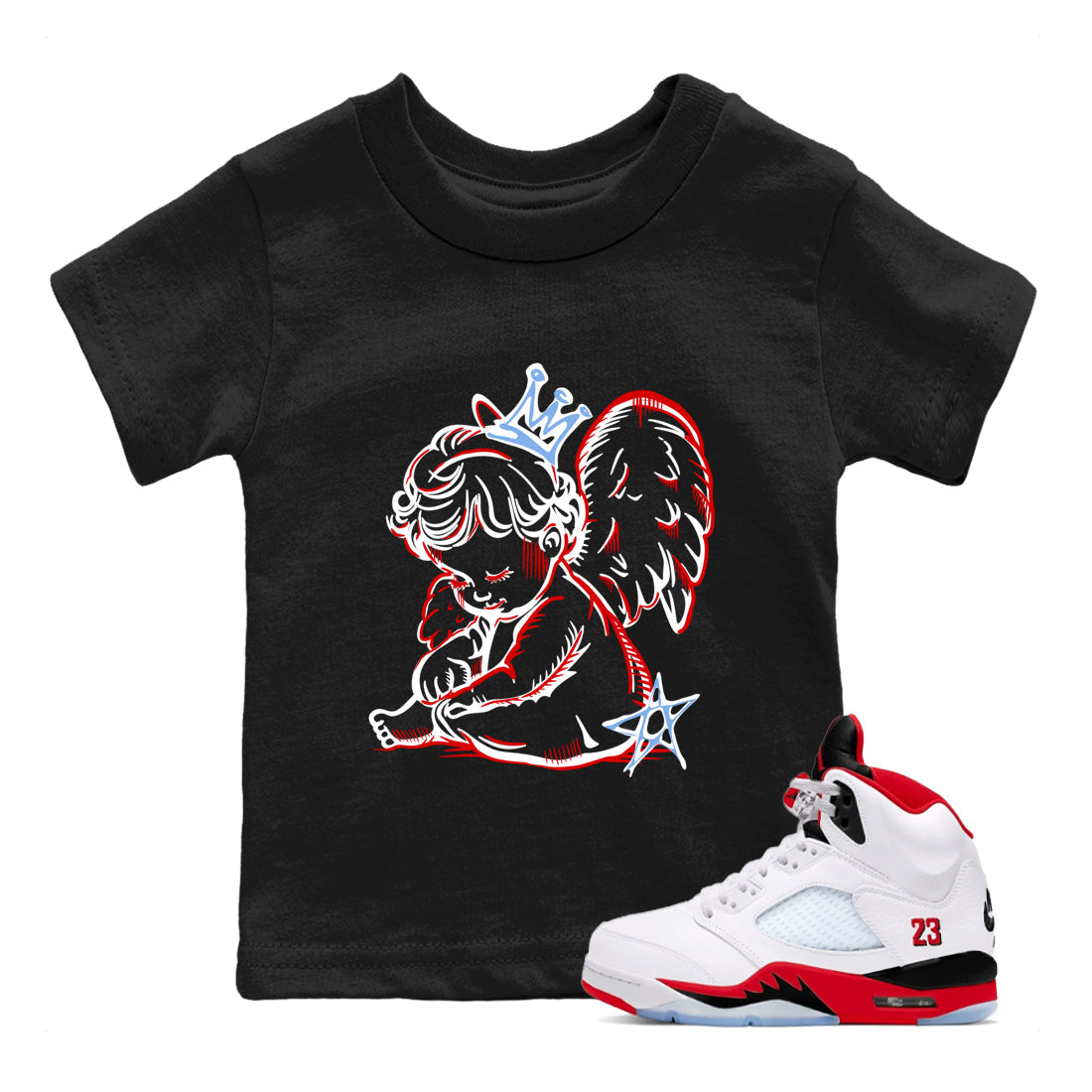 Sneaker match tees – Sneaker Tees To Match Air Jordan 5 Fire Red Shoes – Neon Angel Kids T-Shirt Black 1