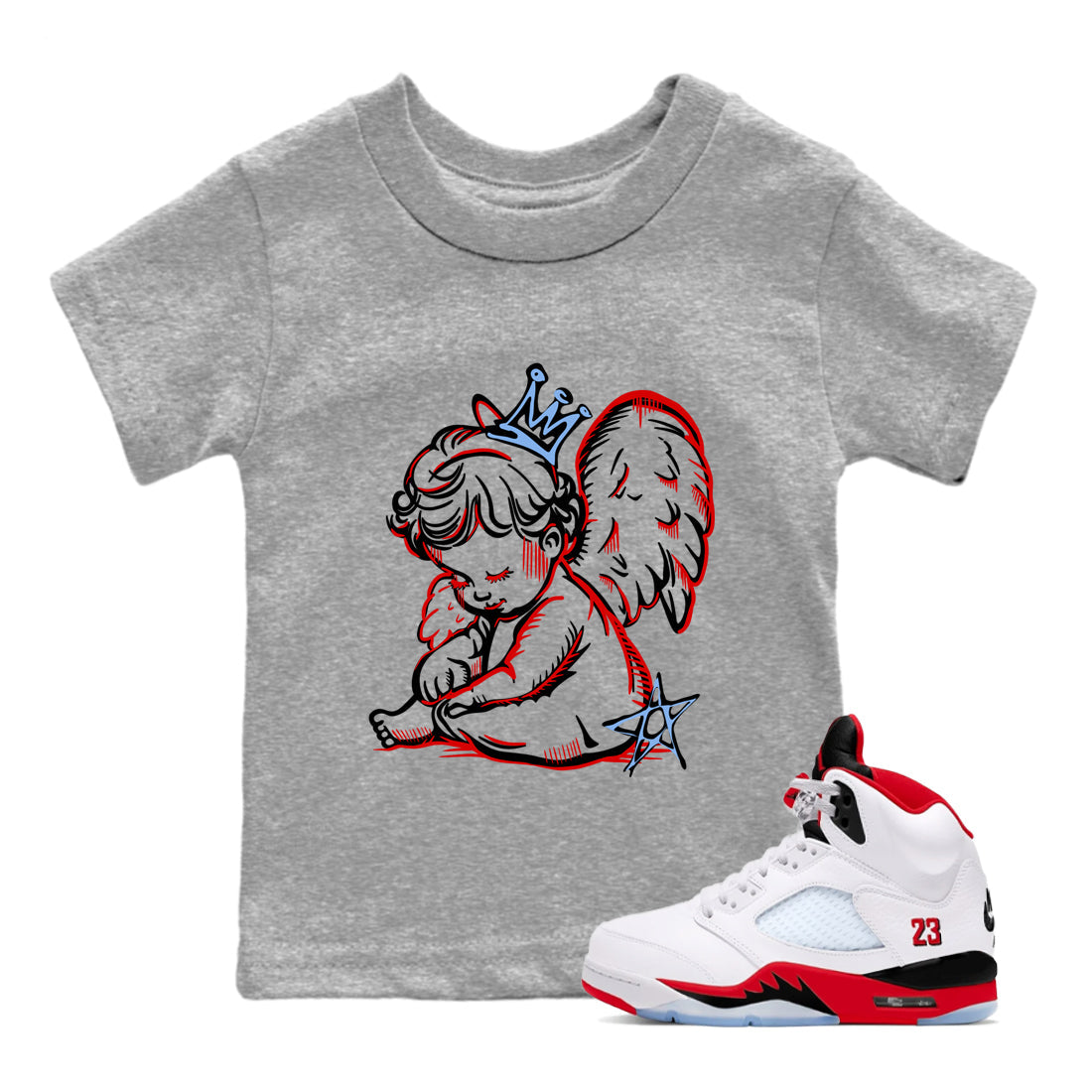 Sneaker match tees – Sneaker Tees To Match Air Jordan 5 Fire Red Shoes – Neon Angel Kids T-Shirt Heather Grey 1