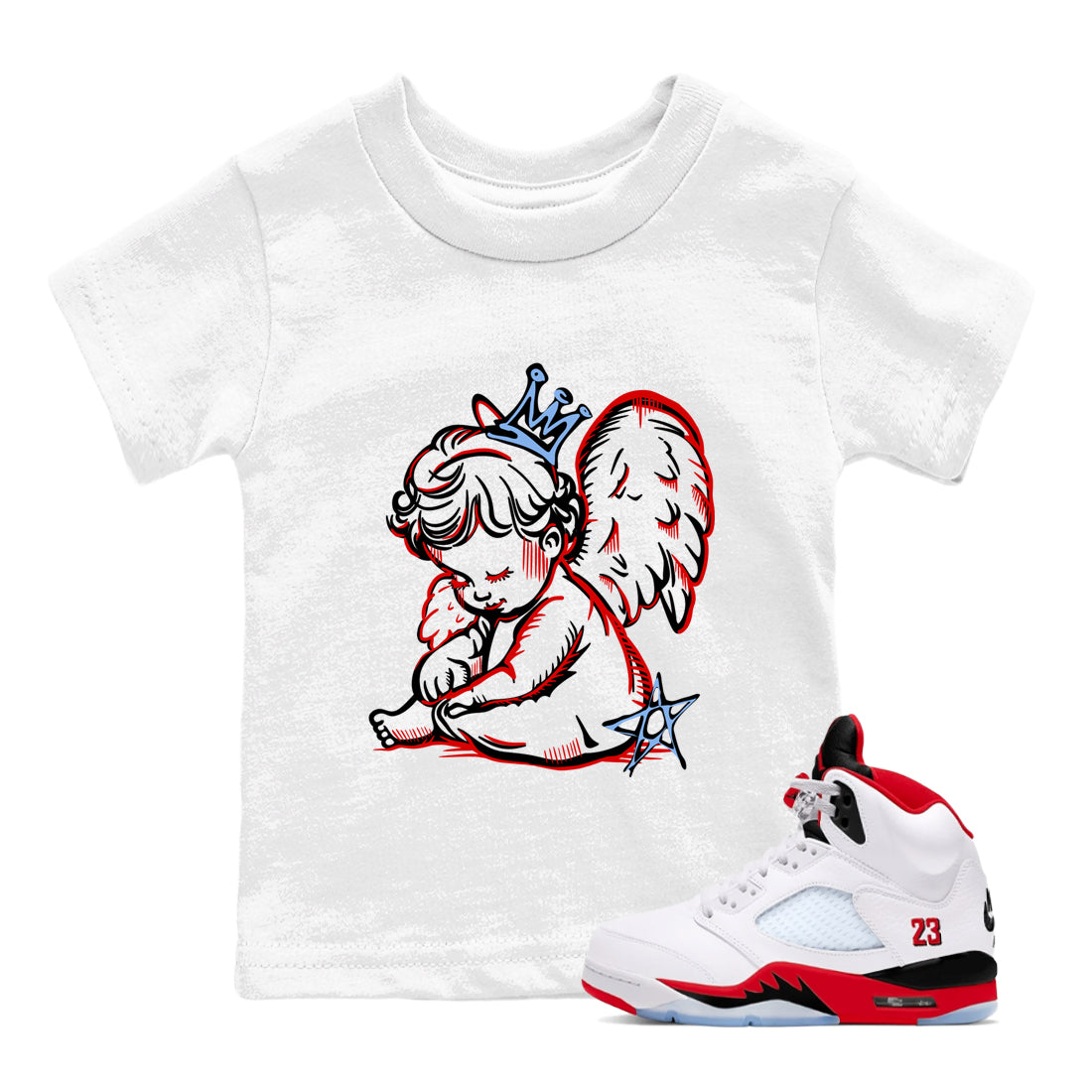Sneaker match tees – Sneaker Tees To Match Air Jordan 5 Fire Red Shoes – Neon Angel Kids T-Shirt White 1