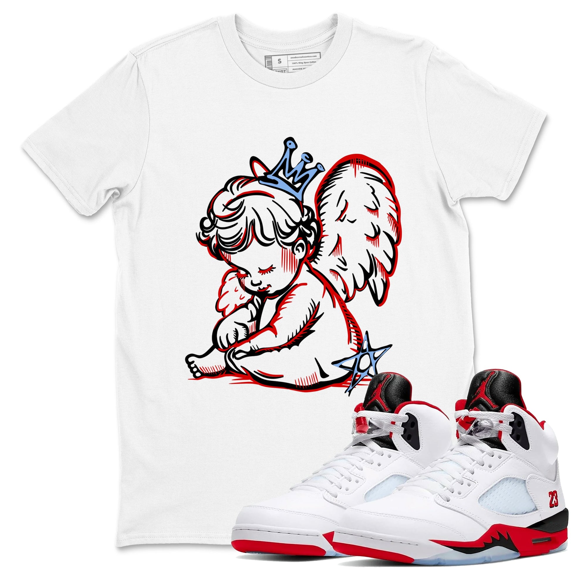 Sneaker match tees – Sneaker Tees To Match Air Jordan 5 Fire Red Shoes – Neon Angel Tee White 1