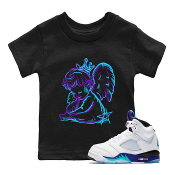 Neon Angel baby and kids t-shirt crafted for little sneakerheads to shine with the Air Jordan 5 Grape sneakers, displayed in Black 1.