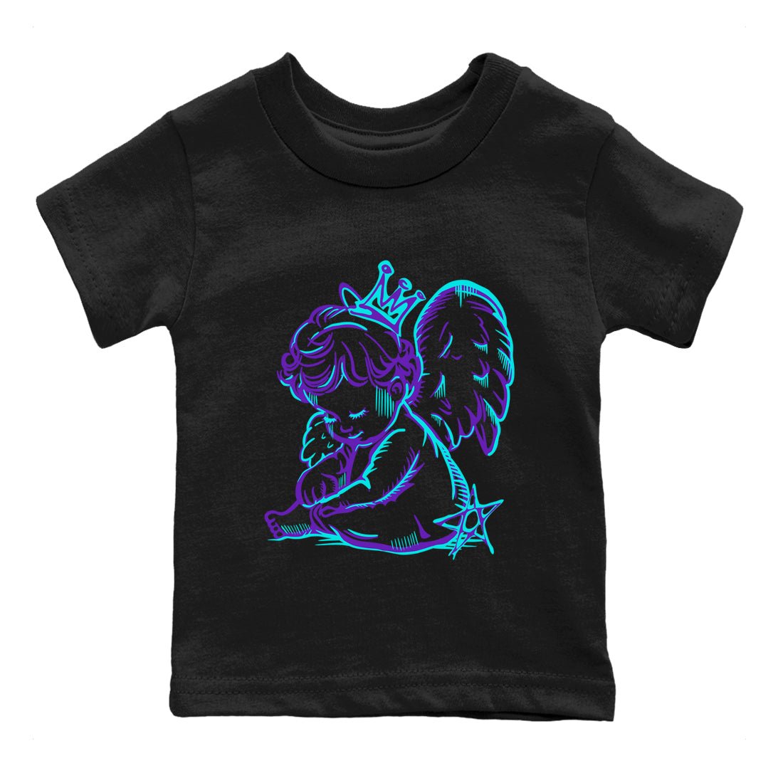 Neon Angel baby and kids t-shirt crafted for little sneakerheads to shine with the Air Jordan 5 Grape sneakers, displayed in Black 2.