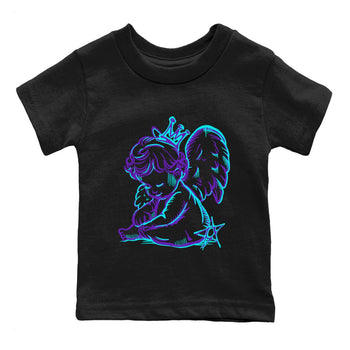 Neon Angel baby and kids t-shirt crafted for little sneakerheads to shine with the Air Jordan 5 Grape sneakers, displayed in Black 2.