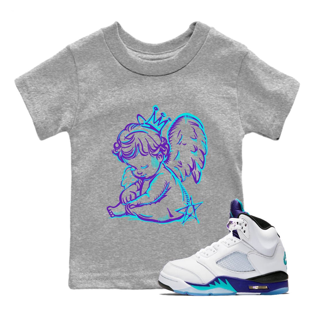Neon Angel baby and kids t-shirt crafted for little sneakerheads to shine with the Air Jordan 5 Grape sneakers, displayed in Heather Grey 1.