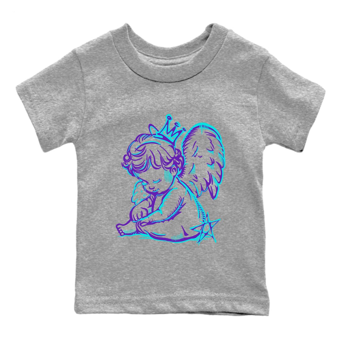 Neon Angel baby and kids t-shirt crafted for little sneakerheads to shine with the Air Jordan 5 Grape sneakers, displayed in Heather Grey 2.