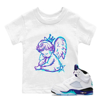 Neon Angel baby and kids t-shirt crafted for little sneakerheads to shine with the Air Jordan 5 Grape sneakers, displayed in White 1.