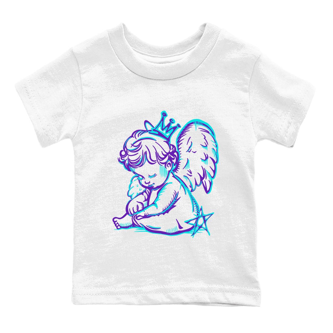 Neon Angel baby and kids t-shirt crafted for little sneakerheads to shine with the Air Jordan 5 Grape sneakers, displayed in White 2.
