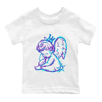Neon Angel baby and kids t-shirt crafted for little sneakerheads to shine with the Air Jordan 5 Grape sneakers, displayed in White 2.