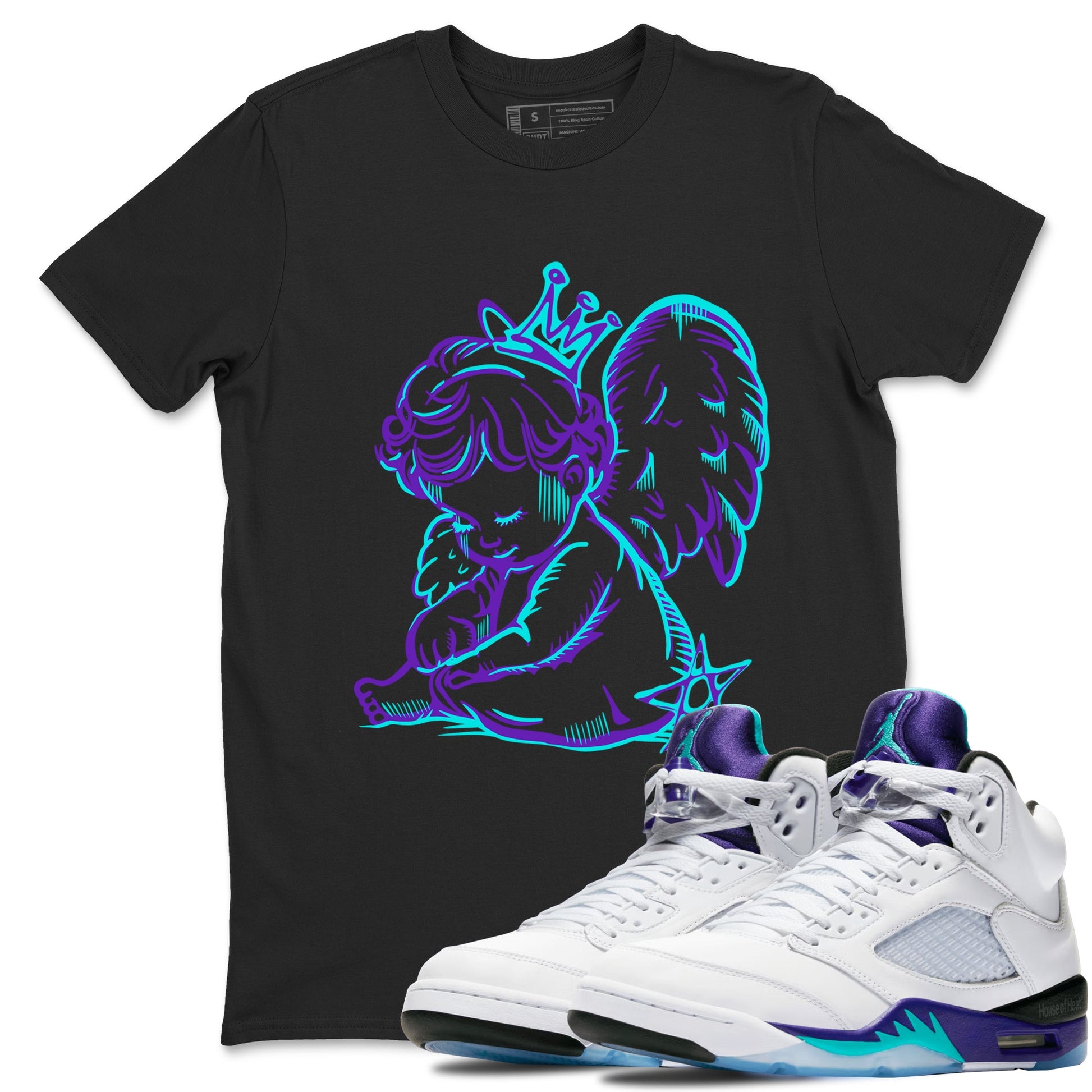 Neon Angel sneaker match t-shirt styled to complete your fit with the Air Jordan 5 Grape sneakers, shown in Black 1.