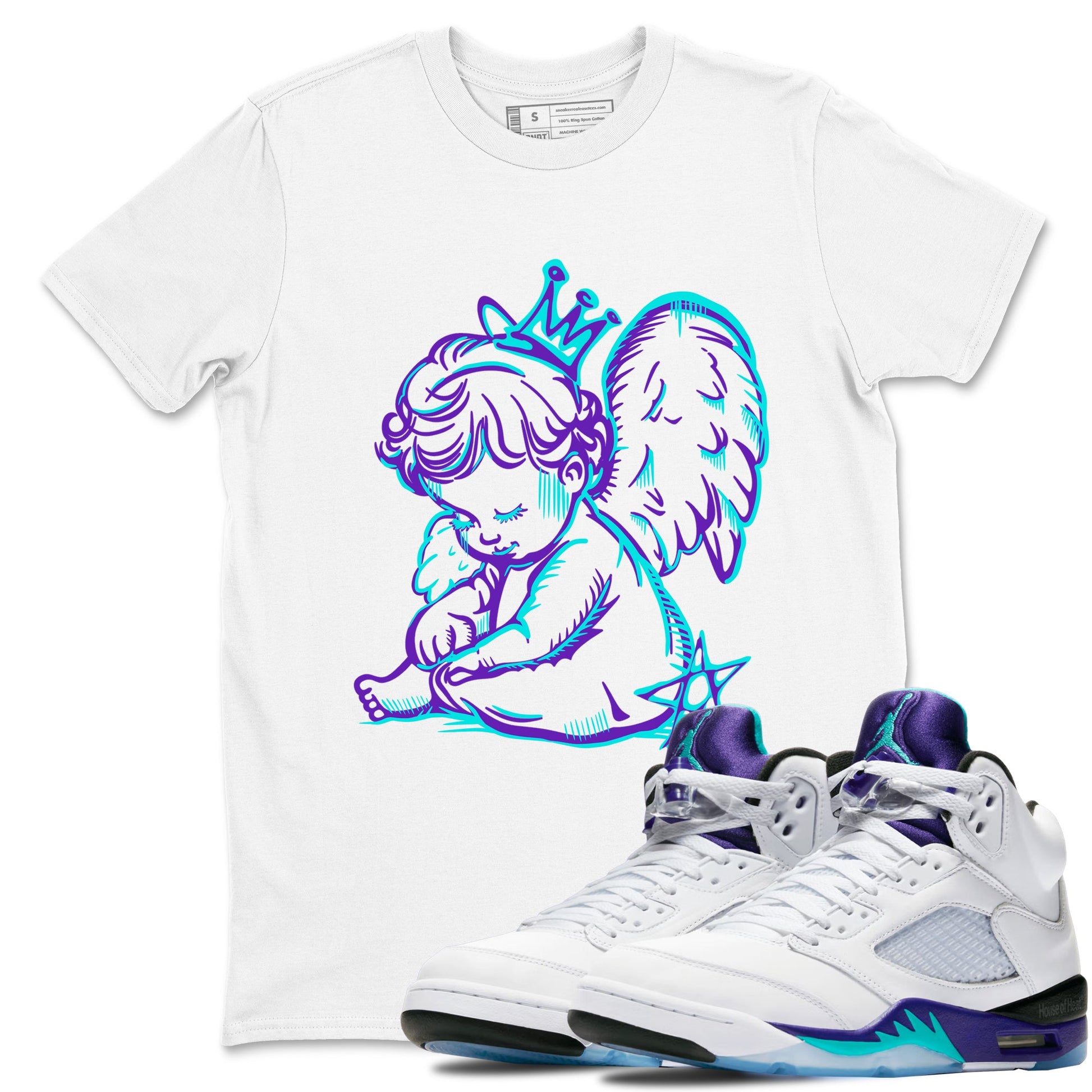 Neon Angel sneaker match t-shirt styled to complete your fit with the Air Jordan 5 Grape sneakers, shown in White 1.