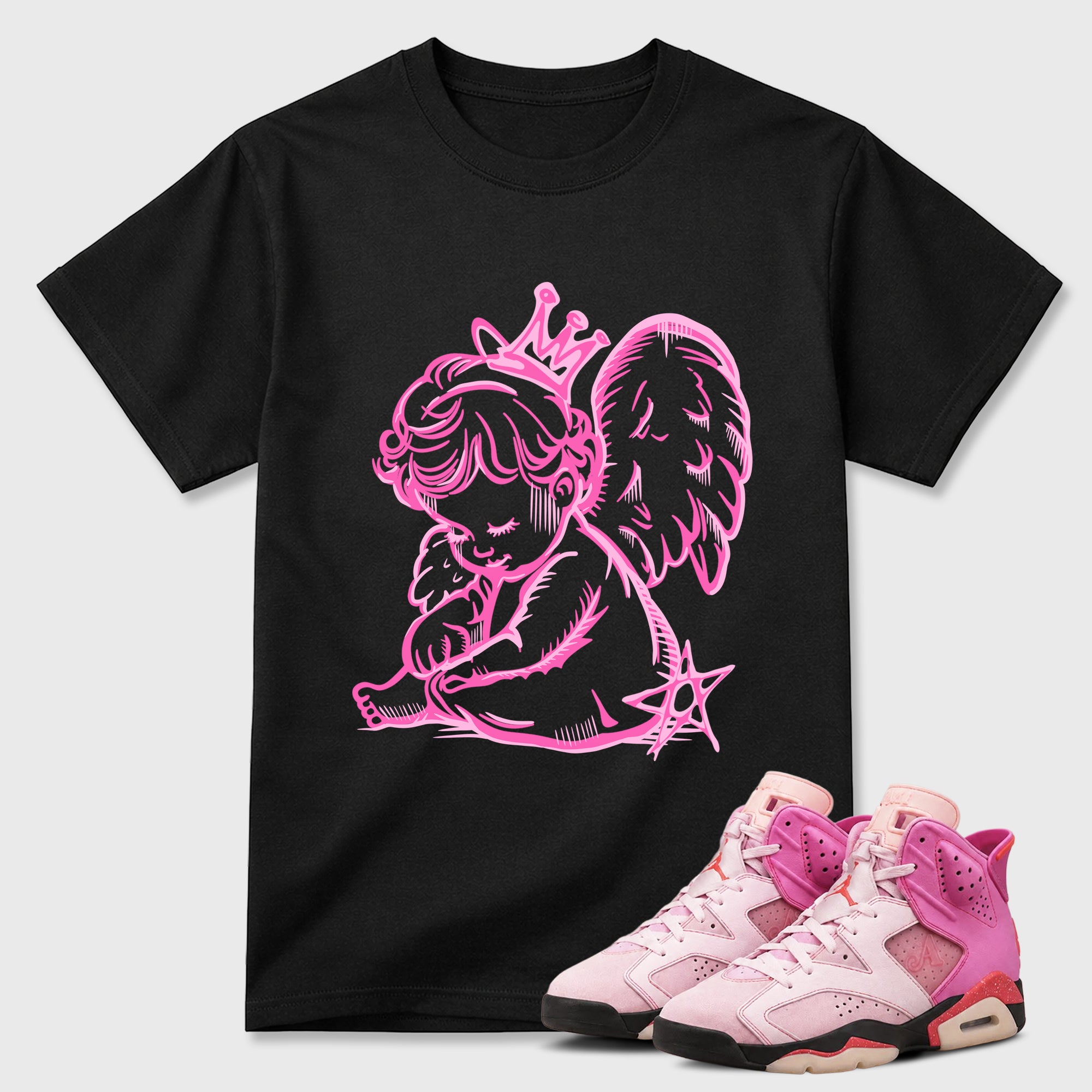 Neon Angel Graphic T-Shirt featuring original streetwear artwork designed to match the Air Jordan 6 Playful Pink. Black 1 Graphic T-Shirt.