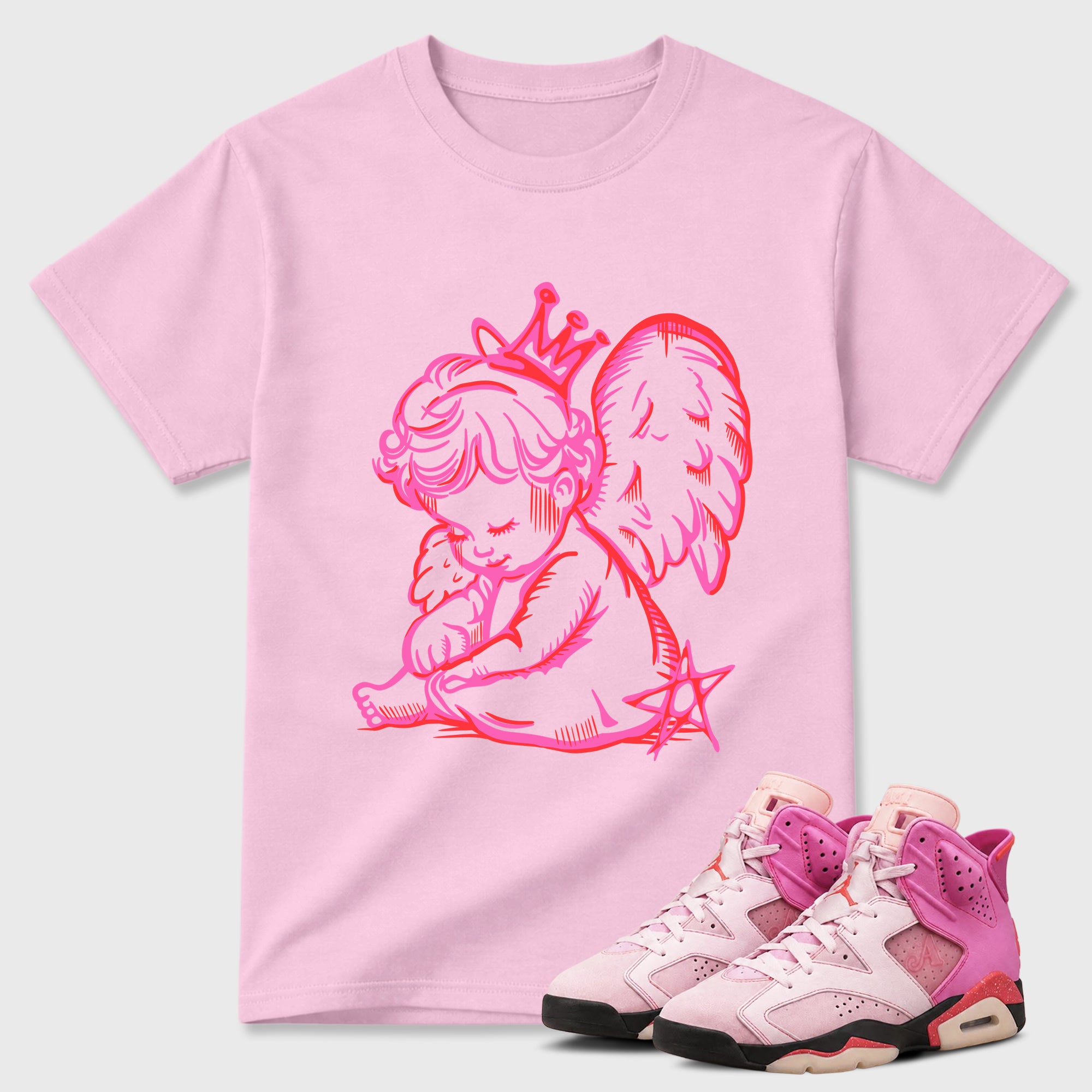 Neon Angel Graphic T-Shirt featuring original streetwear artwork designed to match the Air Jordan 6 Playful Pink. Pink 1 Graphic T-Shirt.