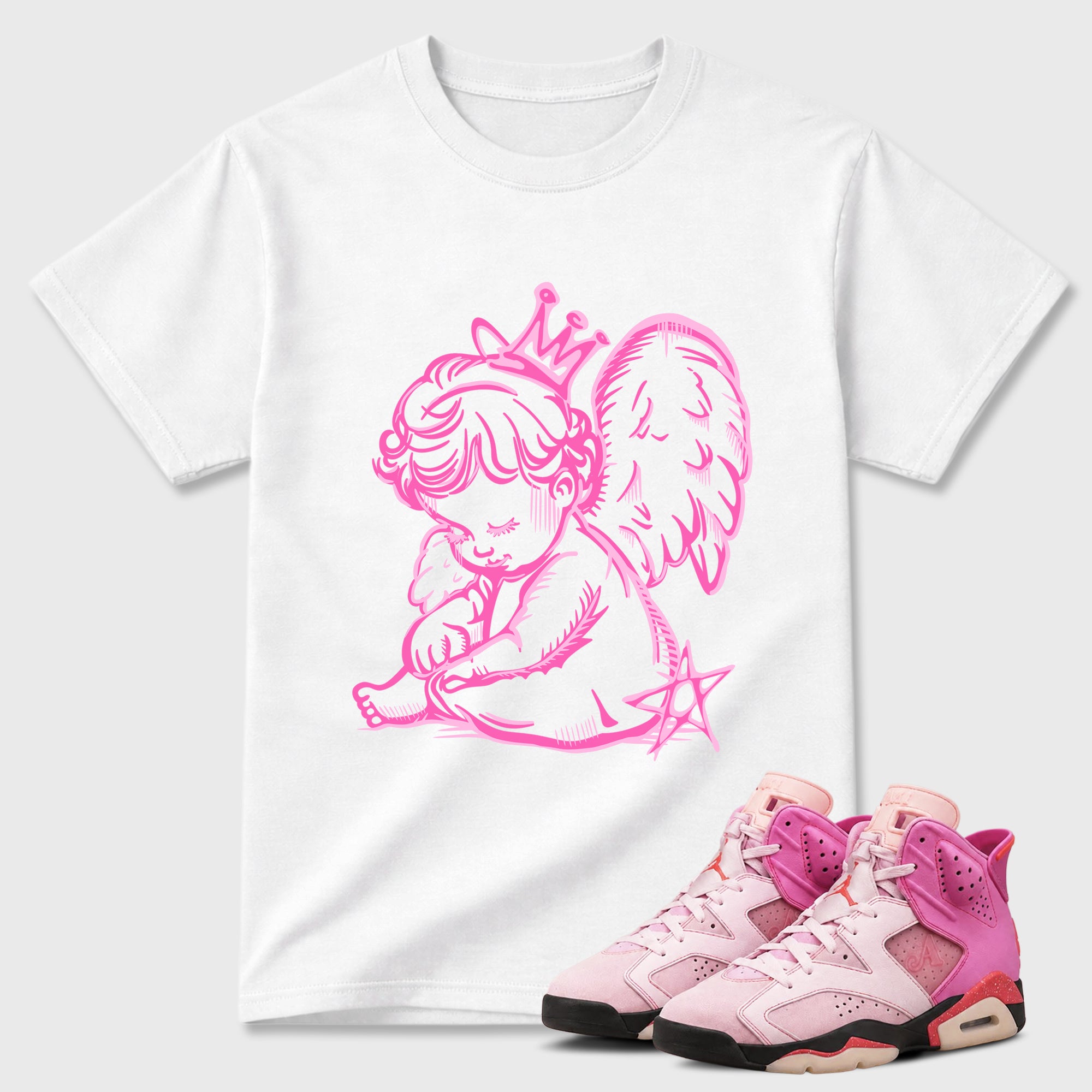 Neon Angel Graphic T-Shirt featuring original streetwear artwork designed to match the Air Jordan 6 Playful Pink. White 1 Graphic T-Shirt.