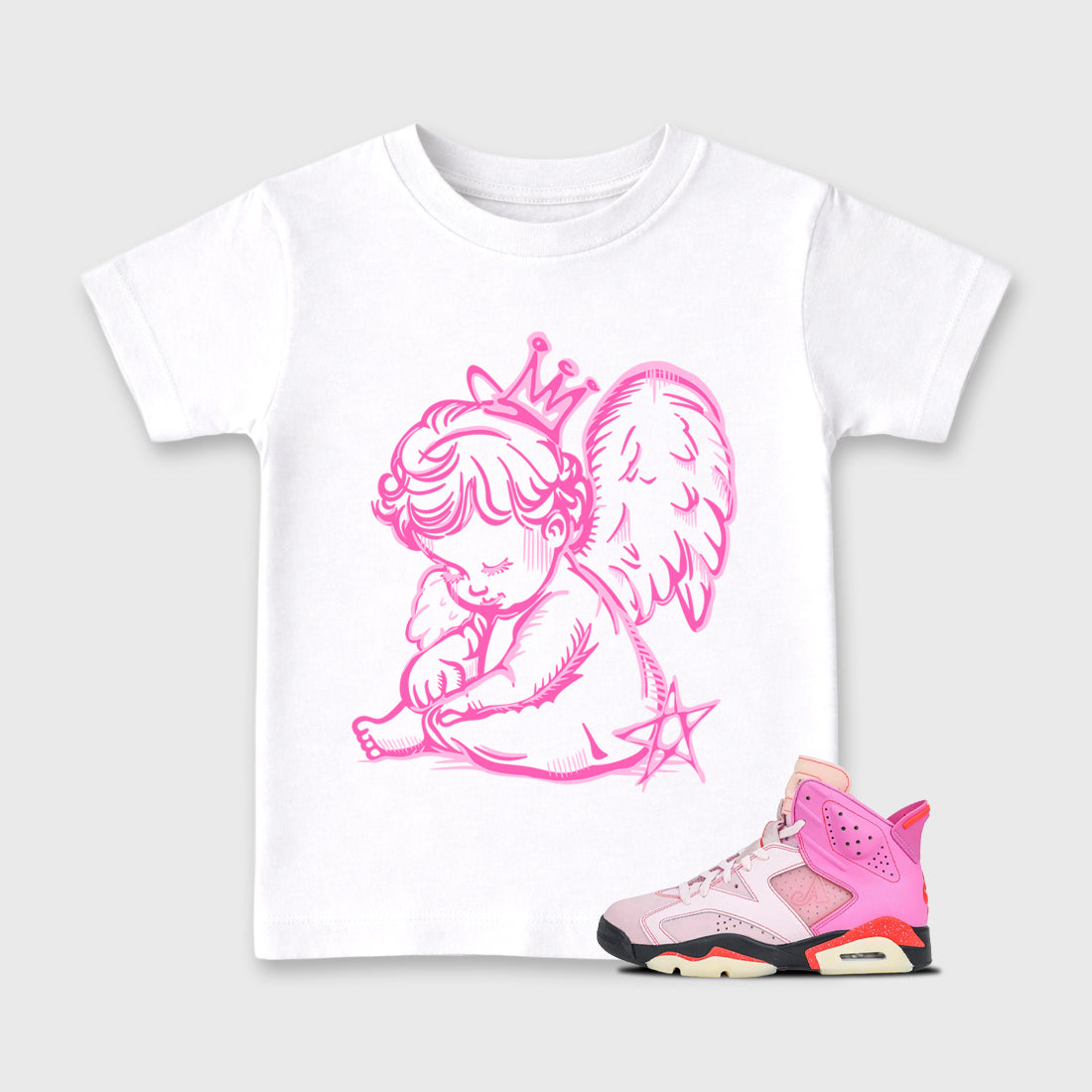 Neon Angel Baby & Kids Graphic T-Shirt featuring original artwork designed to match the Air Jordan 6 Playful Pink. White 1 Kids Graphic Tee.