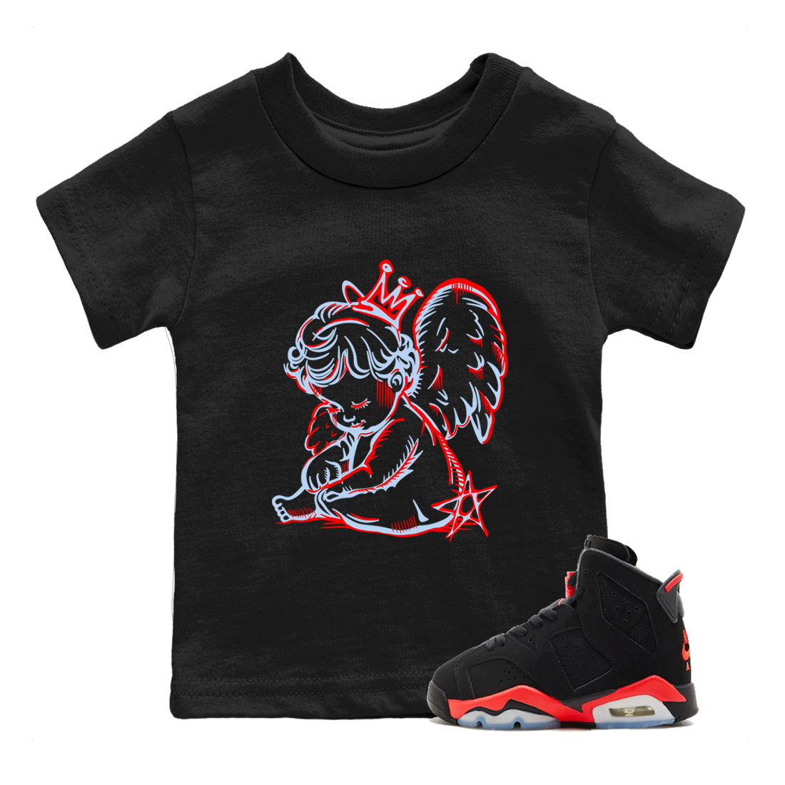 Sneaker match tees – Sneaker Tees To Match Air Jordan 6 Reverse Infrared Shoes – Neon Angel Kids T-Shirt Black 1