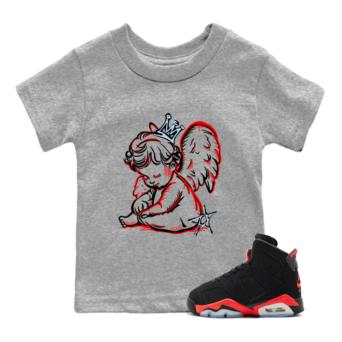 Sneaker match tees – Sneaker Tees To Match Air Jordan 6 Reverse Infrared Shoes – Neon Angel Kids T-Shirt Heather Grey 1