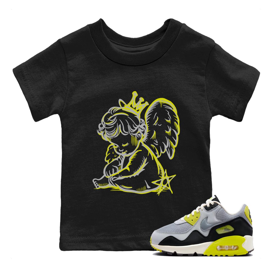 Neon Angel baby and kids t-shirt crafted for little sneakerheads to shine with the Air Max 90 Cyber sneakers, displayed in Black 1.