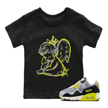 Neon Angel baby and kids t-shirt crafted for little sneakerheads to shine with the Air Max 90 Cyber sneakers, displayed in Black 1.