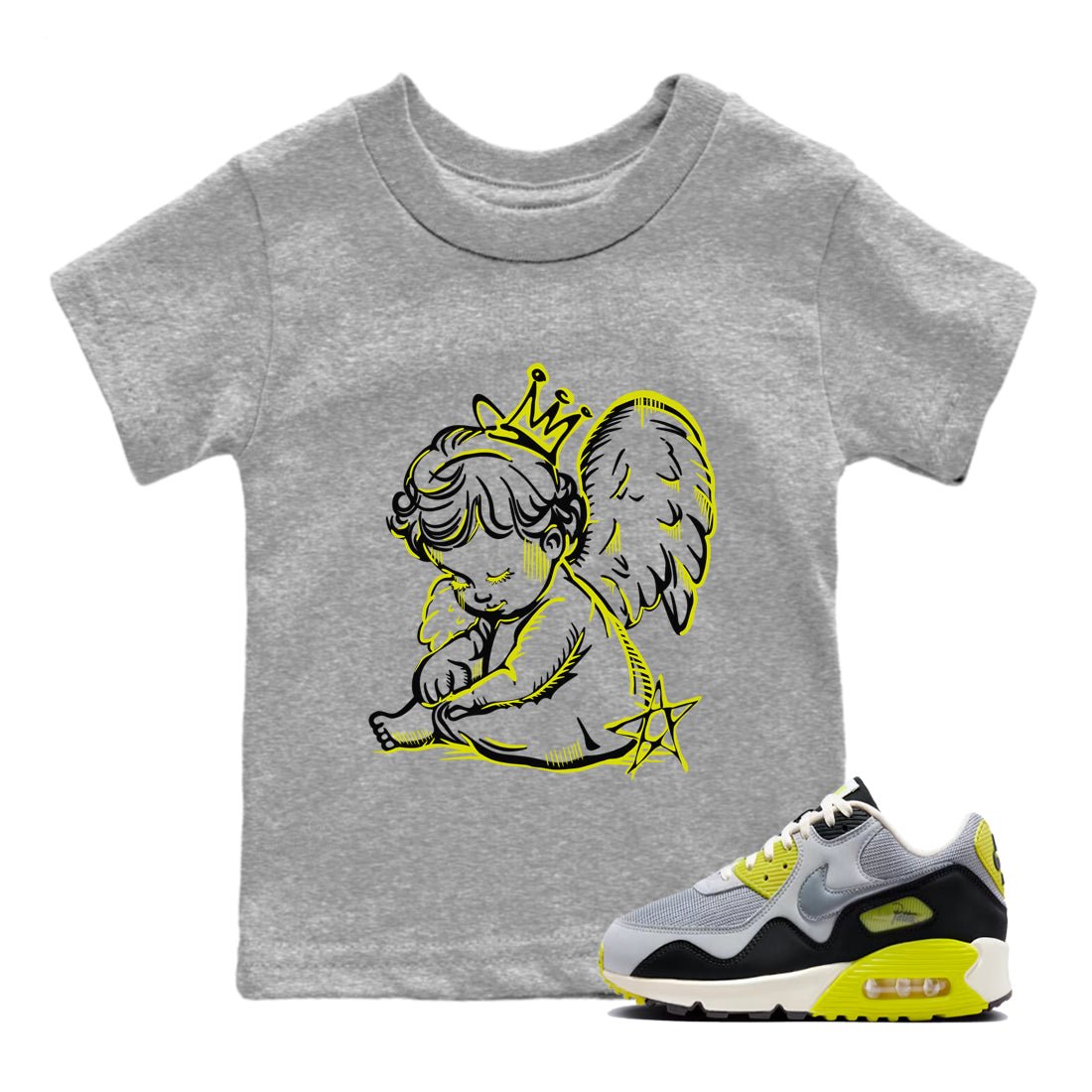 Neon Angel baby and kids t-shirt crafted for little sneakerheads to shine with the Air Max 90 Cyber sneakers, displayed in Heather Grey 1.