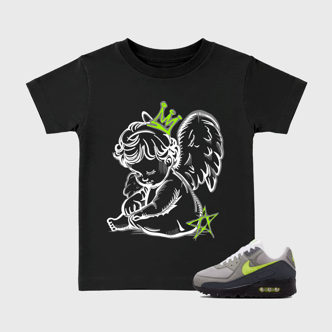 Sneakerfit graphic tee destination – Sneaker Tees To Match Air Max 90 Neon Yellow Sneakers – Neon Angel Kids T-Shirt Black 1