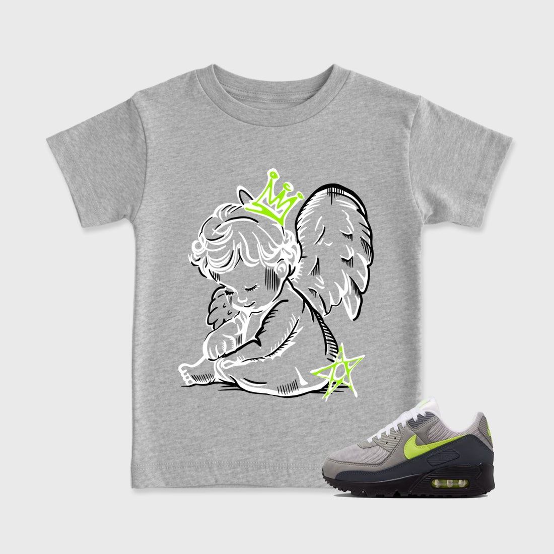 Sneakerfit graphic tee destination – Sneaker Tees To Match Air Max 90 Neon Yellow Sneakers – Neon Angel Kids T-Shirt Heather Grey 1
