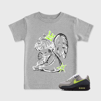 Sneakerfit graphic tee destination – Sneaker Tees To Match Air Max 90 Neon Yellow Sneakers – Neon Angel Kids T-Shirt Heather Grey 1
