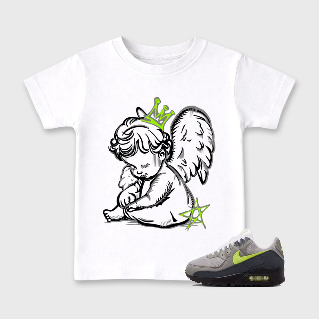 Sneakerfit graphic tee destination – Sneaker Tees To Match Air Max 90 Neon Yellow Sneakers – Neon Angel Kids T-Shirt White 1